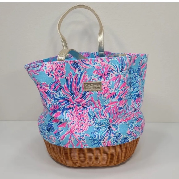 Lilly Pulitzer Handbags - Lilly Pulitzer Pink and Blue Floral Tote with Wicker Base